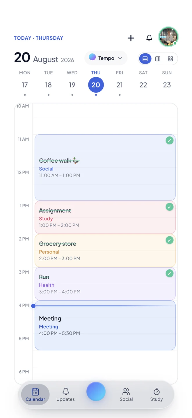 Tempo calendar day view for Thursday 20 August with colour-coded blocks for Social, Study, Personal, Health and a meeting, completed ones ticked off.